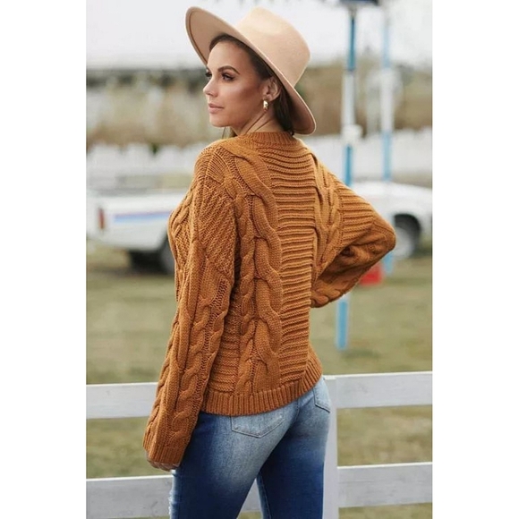 Chic Brown Cable Knit Sweater With Batwing Sleeves - Picture 3 of 5